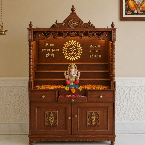 A dark finished teak wood pooja mandir with gold Om design, custom script, a deity platform, drawers, and cabinet doors.